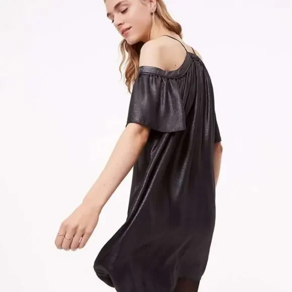 LOFT Grey Metallic Cold Shoulder Swing Dress - Picture 2 of 8